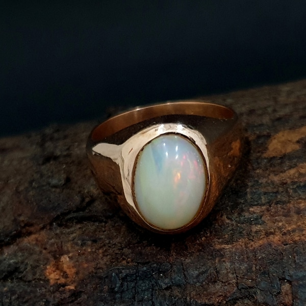 Natural Opal Signet Ring, 925 Sterling Silver, Oval Opal Gemstone, 22K Yellow Gold, Engraved Ring, Promise Ring, Mens Ring, Women Ring