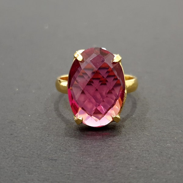 Pink Tourmaline Ring Gold, 925 Solid Sterling Silver, 22K Yellow Gold Fill Ring, Pink Stone Ring, Womens Ring, Handmade Ring