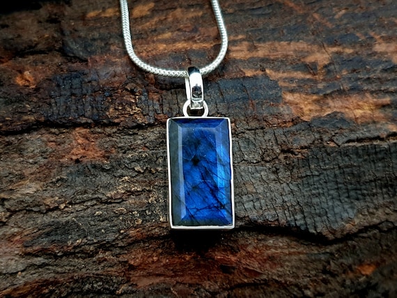 Labradorite Pendant, 925 Sterling Silver Pendant, Natural Rectangle Blue Labradorite Gemstone Necklace Pendant, Yellow Gold Pendant