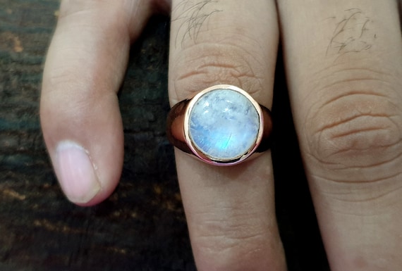 Moonstone Ring, Natural Blue Flashy Moonstone, 925 Solid Sterling Silver Ring, Rose Gold Ring, 22K Gold ring, Mens Ring, Engraved Ring