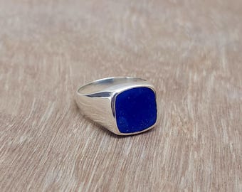 Blue Lapis Signet Ring, 925 Sterling Silver, Cushion Lapis Lazuli