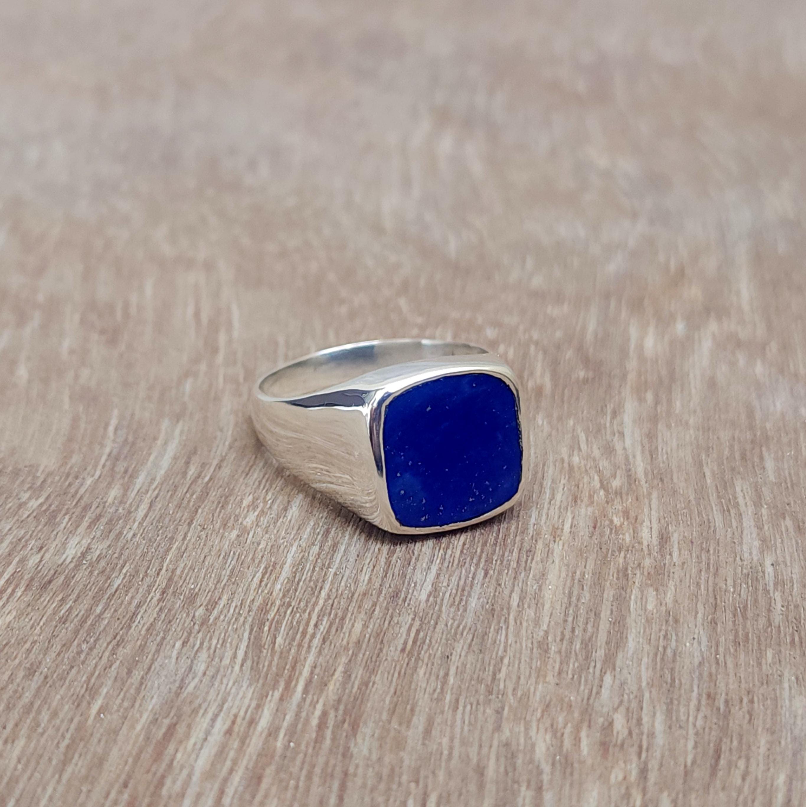 Blue Lapis Signet Ring, 925 Sterling Silver, Cushion Lapis Lazuli