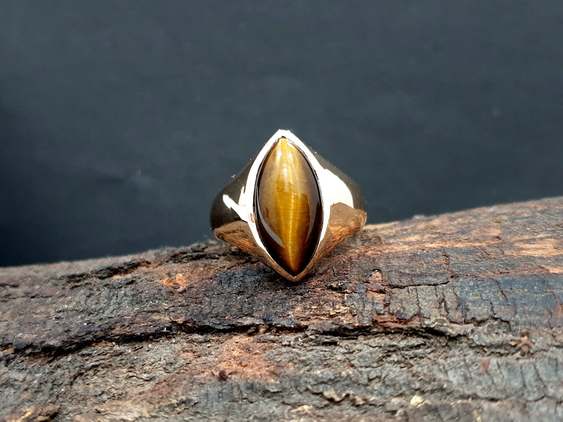 Tiger Eye Ring Gold Mens Ring 925 Solid Sterling Silver Etsy