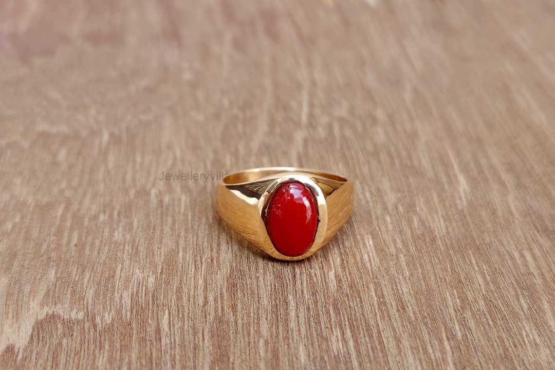 Red Coral Signet Ring, Copper Ring, 925 Solid Sterling Silver Ring