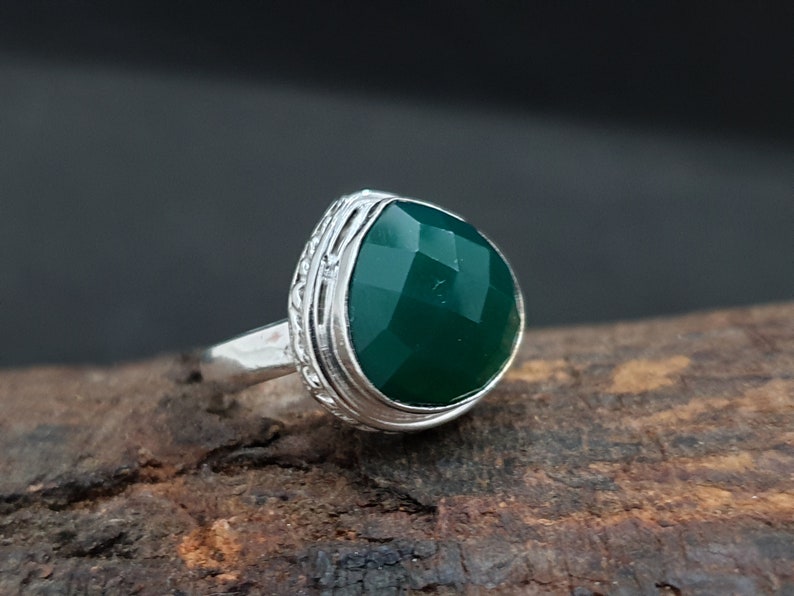 Green Onyx Ring Silver Rose Gold Natural Green Gemstone Ring 925 Solid Sterling Silver 22K Yellow Gold Fill Ring