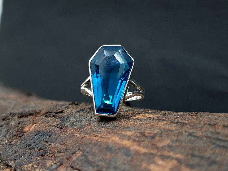 925 Solid Sterling Silver 22K Yellow Gold Fill Ring Coffin Ring Blue Topaz Ring Rose Gold Coffin Shape Blue Topaz Quartz Gemstone Ring