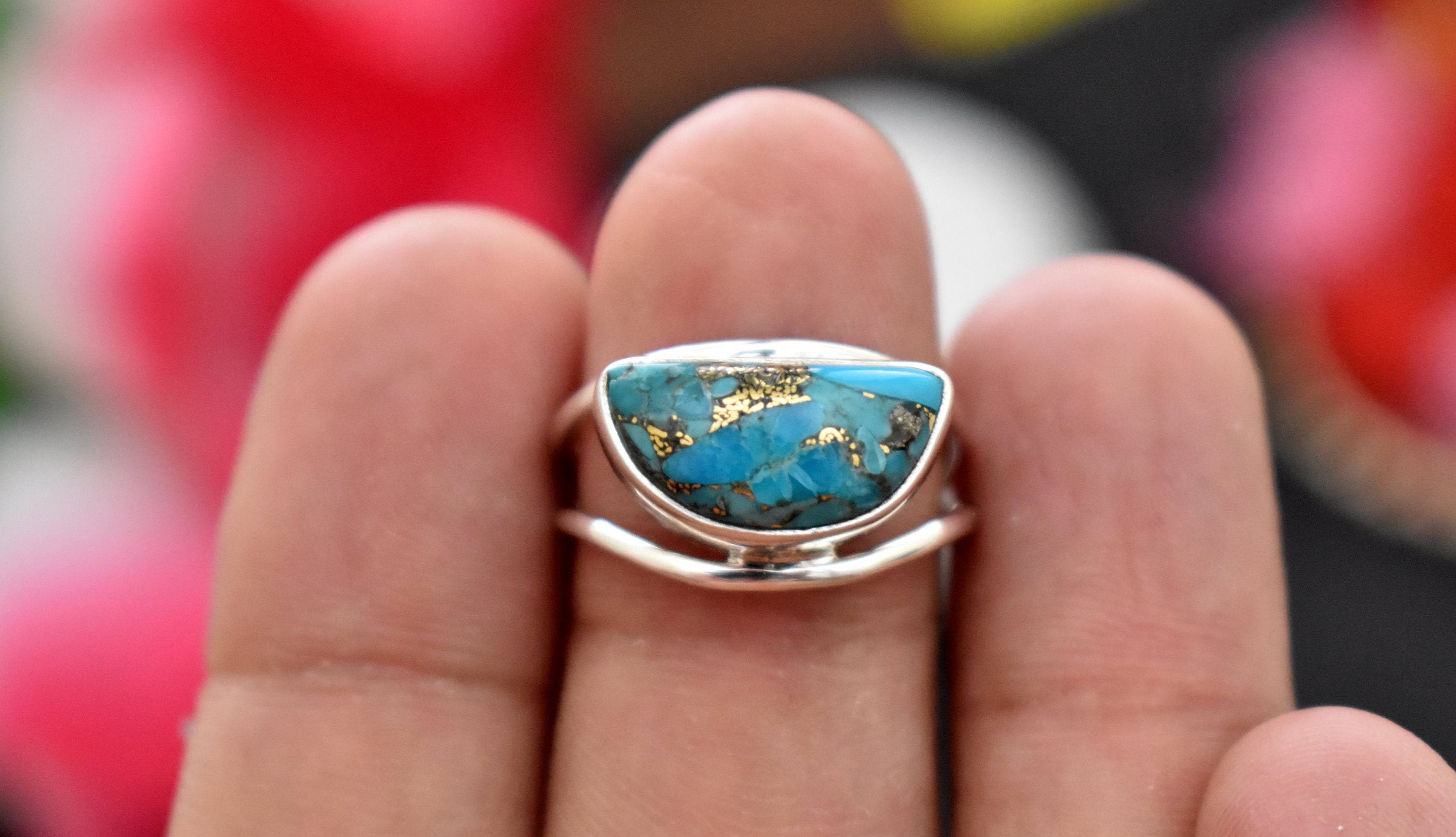 ブルーターコイズハーフムーンリング：925スターリングシルバーの宝石