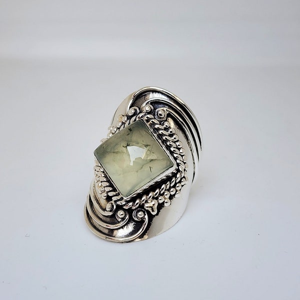 Natural Prehnite Ring, 925 Sterling Silver Ring, Hand Crafted Bohemian Ring, Anniversary Gift, Gemstone Ring, Gift for Her, Women Ring