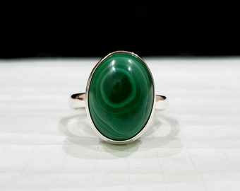 Oval Cabochon Malachite Ring, 925 Solid Sterling Silver Ring, Green Malachite Gemstone Jewelry, Rose Gold Ring, 22K yellow Gold Ring
