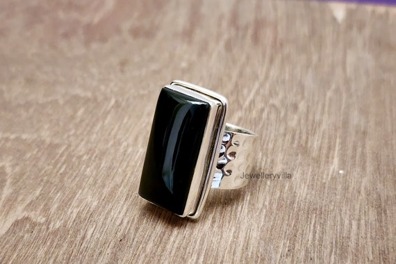 Black Onyx Hammered Ring, Rectangle Big Gemstone Ring. 925 Sterling Silver Ring, Engraved Ring, Gift Ring, Women Ring, Handmade Boho Jewelry