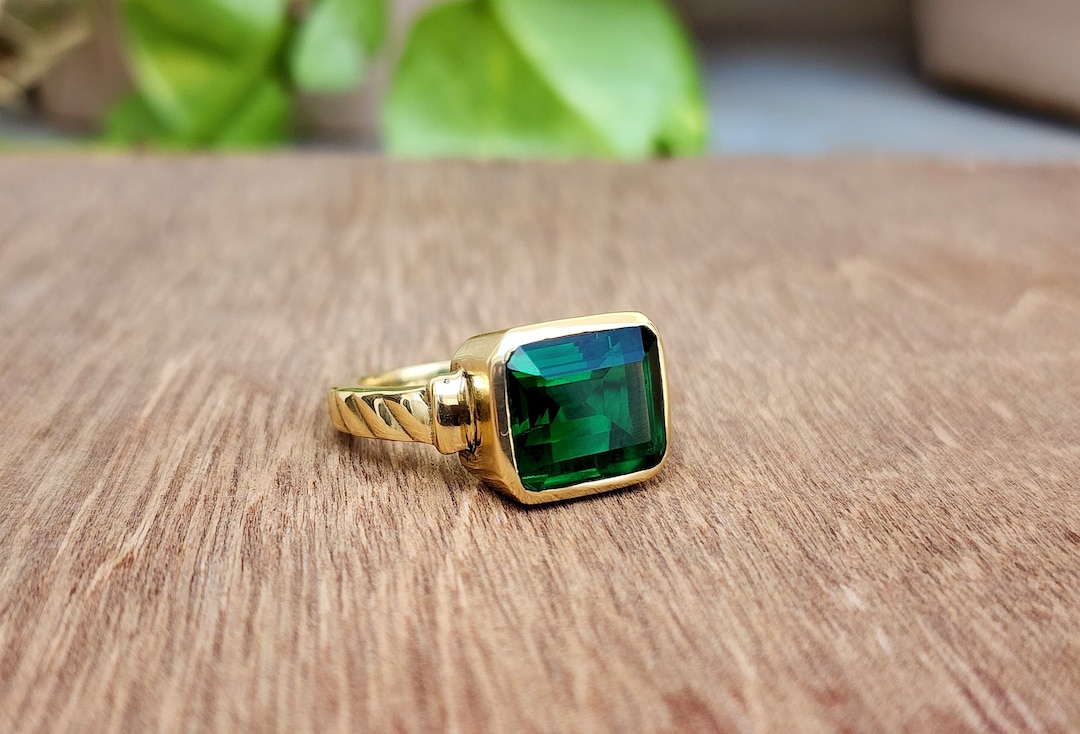 Gold Green Emerald Ring, 925 Sterling Silver Ring, Men Ring