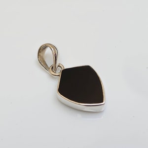 May include: A silver pendant with a black gemstone in the shape of a shield.