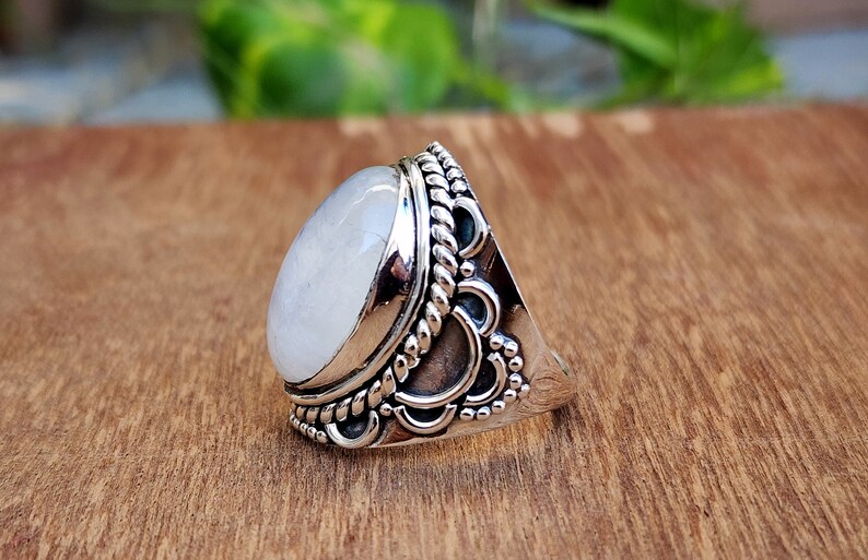 Natural Moonstone Ring, Statement Boho Ring, Gift For Women, 925 Sterling Silver Ring, Moon Stone Ring For Women, Genuine Oval Gemstone Ring image 6