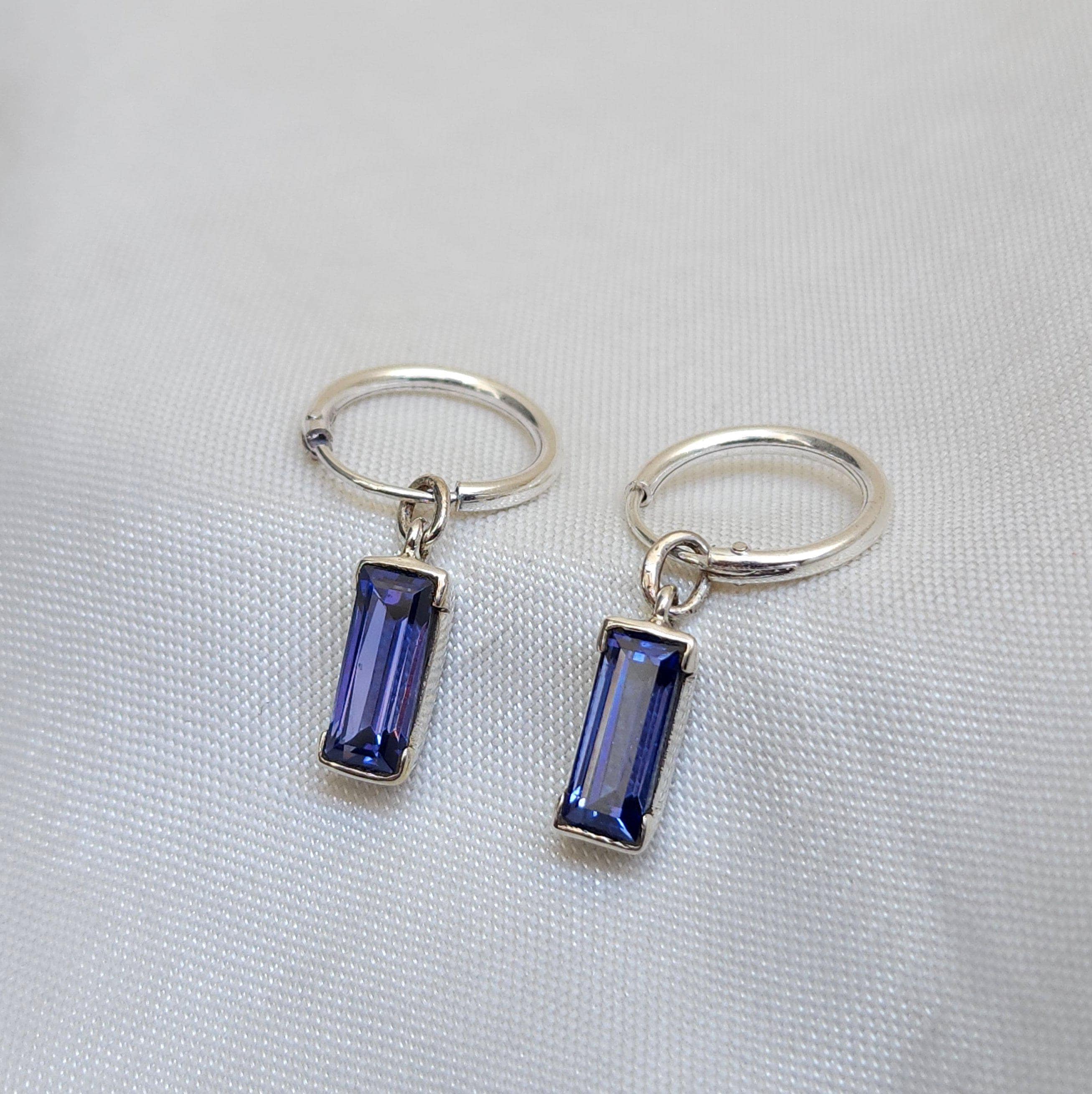 Baguette Tanzanite Hoop Earrings, 925 Sterling Silver Earring, Blue Gemstone Earrings, Yellow Gold Earrings, Gift for Her