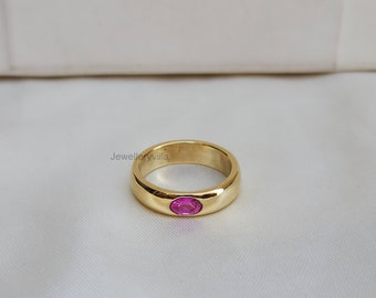 Pink Tourmaline Oval Signet Ring, Yellow Gold Ring, 925 Sterling Silver Ring, Birthday Gift, Small Gemstone Ring, Women Ring, Men Ring