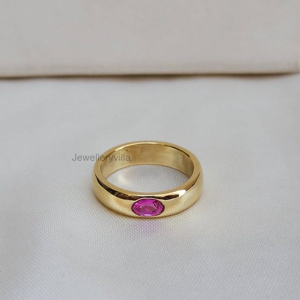 Anillo de sello ovalado de turmalina rosa, anillo de oro amarillo, anillo de plata de ley 925, regalo de cumpleaños, anillo de piedra preciosa pequeña, anillo para mujer, anillo para hombre
