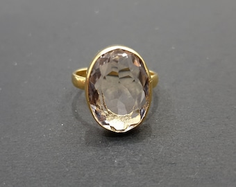 Bergkristalring goud, 925 sterlingzilver, 22K geelgouden opvulring, edelsteenring bergkristal, handgemaakte ring