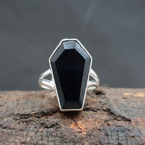 Black Onyx Ring, Coffin Ring, 925 Solid Sterling Silver, Natural Coffin Shape Black Onyx Gemstone Ring, Rose Gold, 22K Yellow Gold Fill Ring