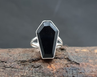 Black Onyx Ring, Coffin Ring, 925 Solid Sterling Silver, Natural Coffin Shape Black Onyx Gemstone Ring, Rose Gold, 22K Yellow Gold Fill Ring