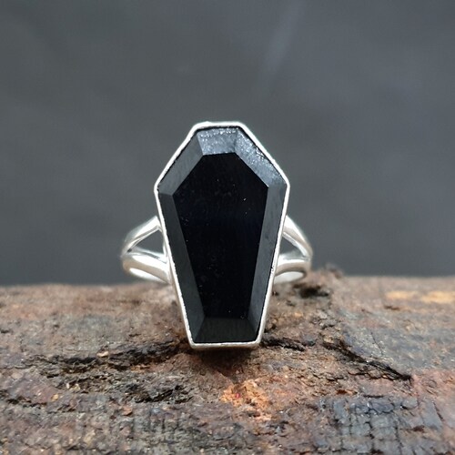 Bague en onyx noir, bague cercueil, argent sterling 925, forme cercueil naturel Bague en onyx noir et pierre précieuse, or rose, bague de remplissage en or jaune 22 carats