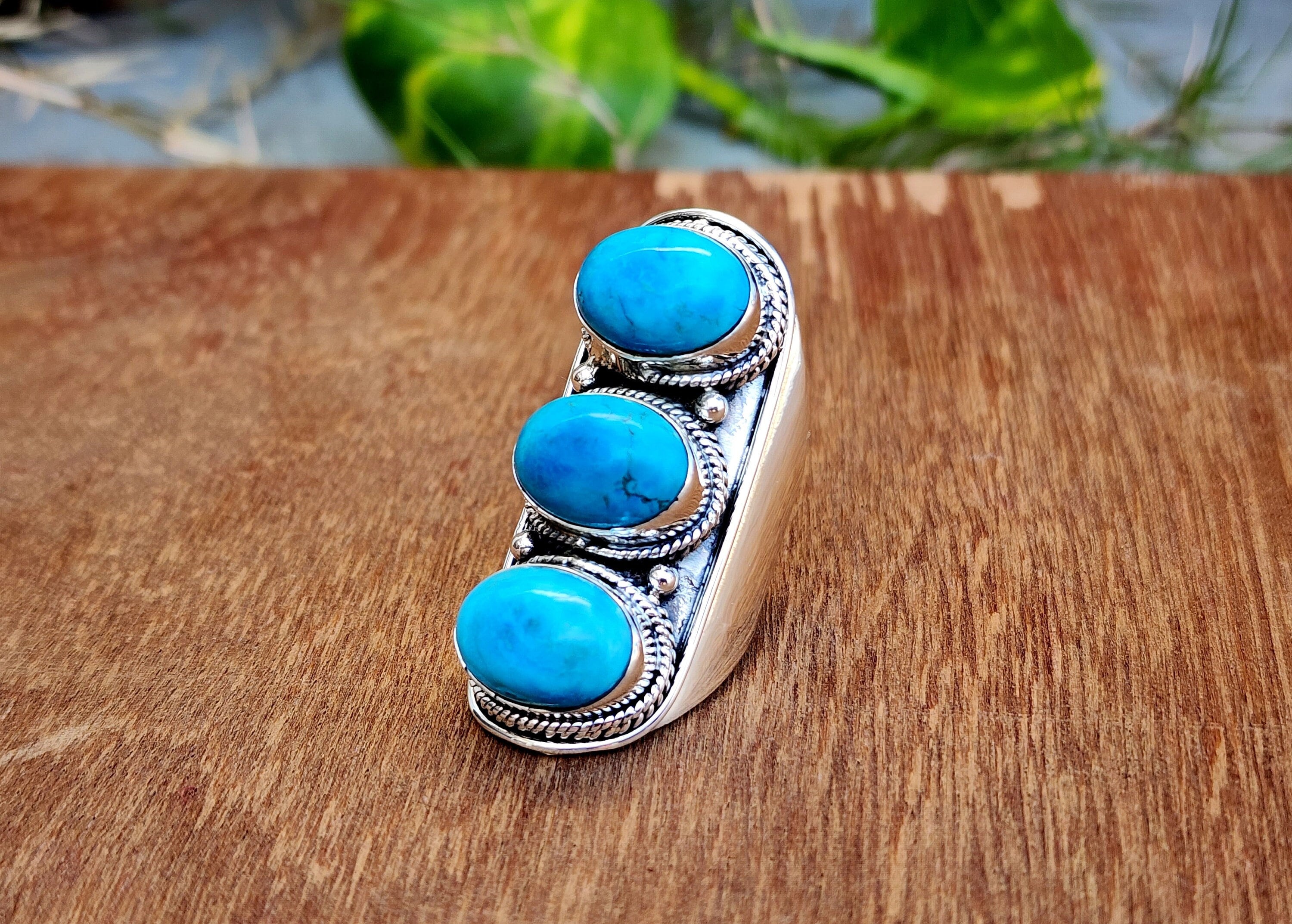 Synthetic Turquoise & Sterling Silver Ring - Vintage Boho Style, Size 5-9, 925 Silver, Gift Box - View #7