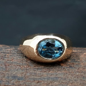 Natural Blue Topaz Signet Ring, 925 Sterling Silver Ring, Birthstone Ring, Natural London Topaz Ring, Rose Gold, Yellow Gold Ring, Mens Ring