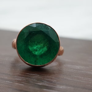 Green Emerald Ring, 925 Solid Sterling Silver Ring, 22K Yellow Gold, Copper Ring, Rose Gold Finish, Round Cut Emerald Quartz Gemstone Ring