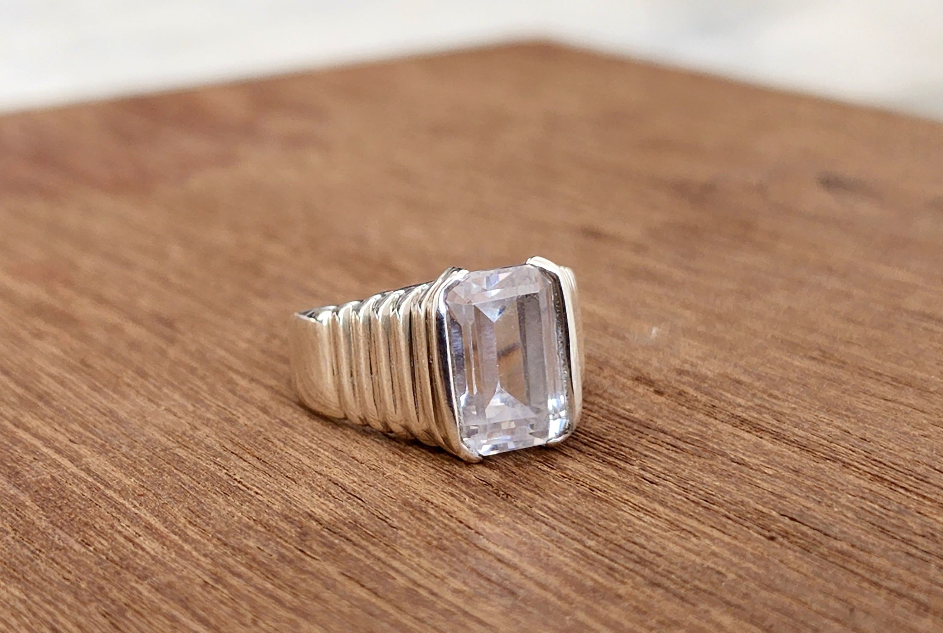 Vertical Bezel Set Emerald Cut White Topaz Ring – Dandelion Jewelry