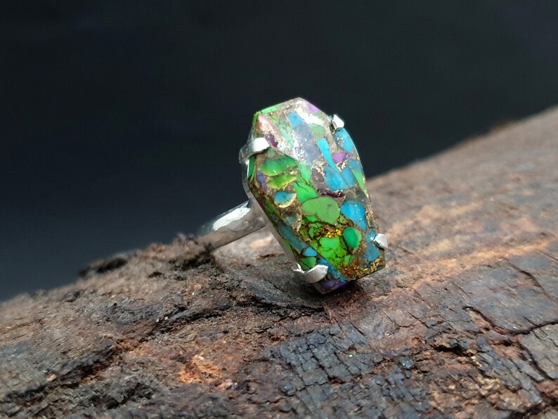 Natural Copper Turquoise Ring Coffin Ring Silver Rose Gold 925 Solid Sterling Silver Ring 22K Yellow Gold Fill Womens Ring Coffin