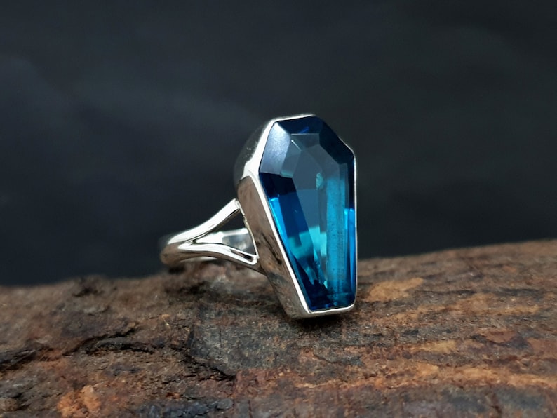 925 Solid Sterling Silver 22K Yellow Gold Fill Ring Coffin Ring Blue Topaz Ring Rose Gold Coffin Shape Blue Topaz Quartz Gemstone Ring