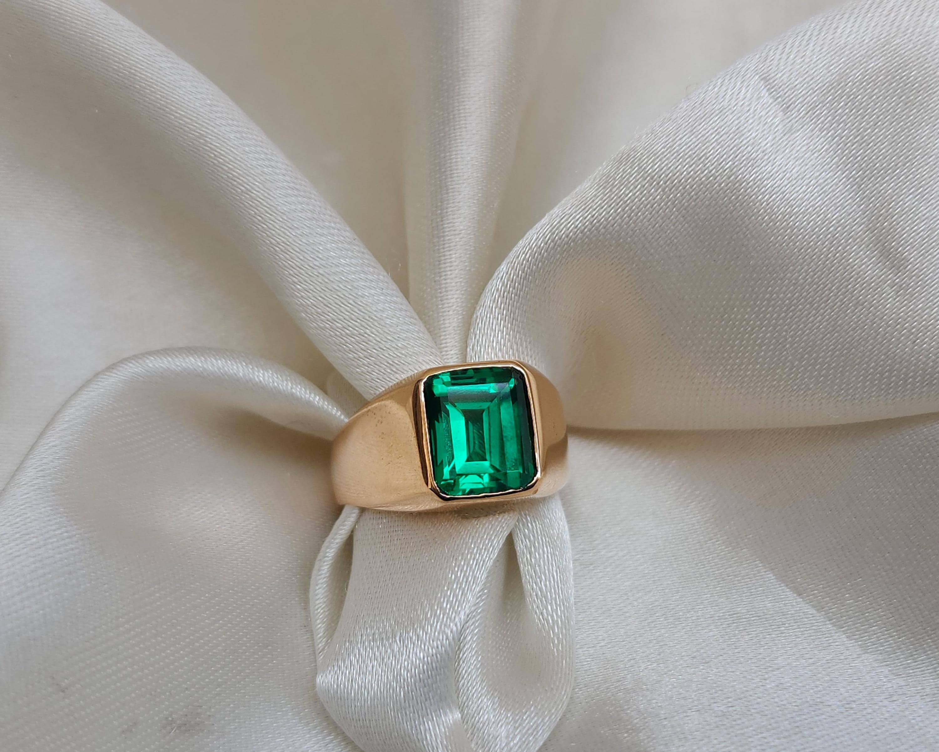 Emerald Signet Ring, 925 Sterling Silver Ring, Octagon Green Emerald Gemstone Ring, Men Ring, Gift Ring, 22k Yellow Gold Ring