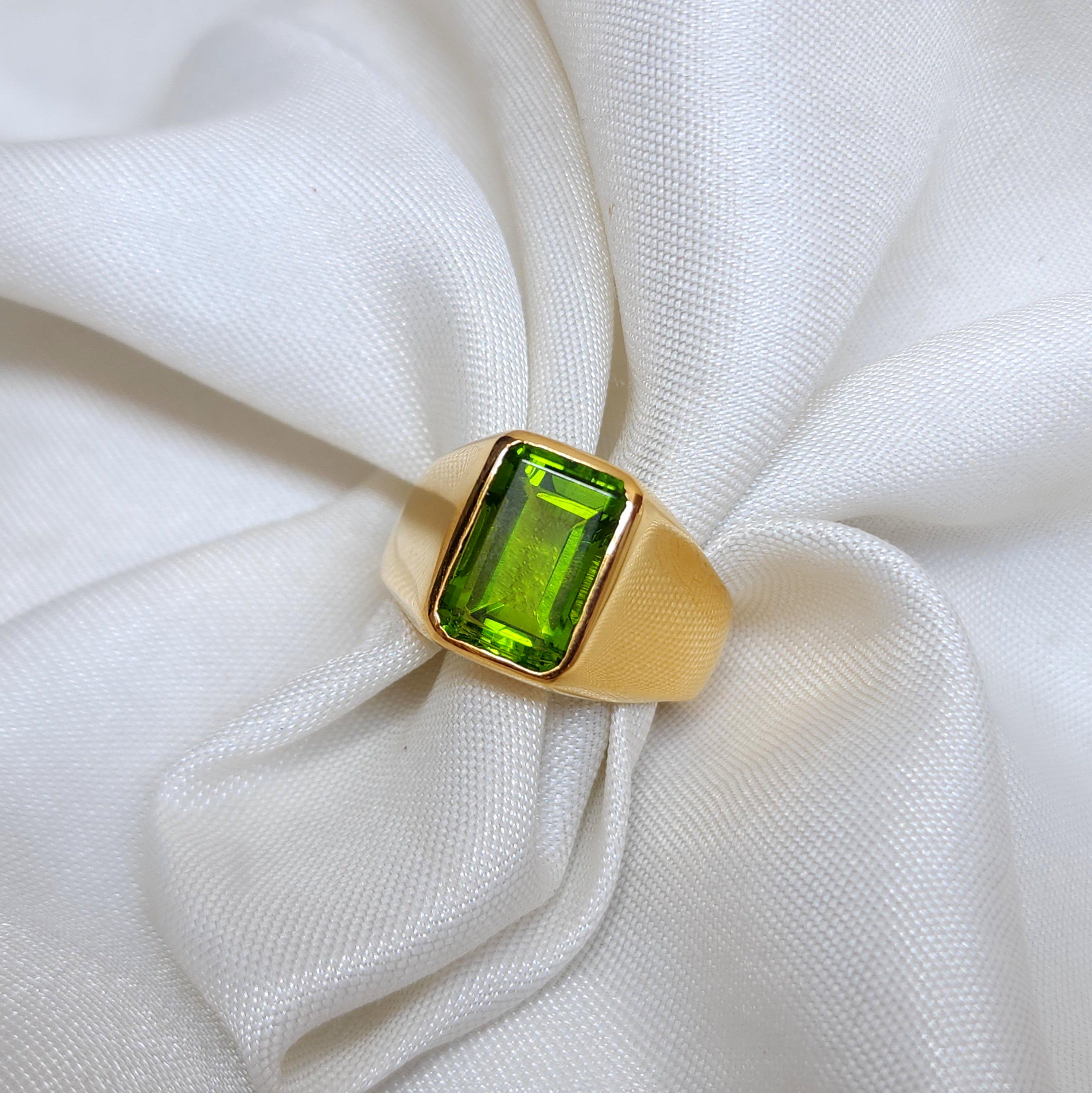 Peridot Signet Ring, 925 Sterling Silver Ring, Handmade Ring, Gemstone Ring, Mens Ring, Green Peridot Quartz Gemstone, Yellow Gold Fill Ring