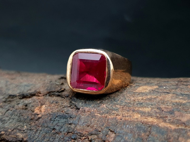 Anello con sigillo quadrato in rubino rosso, argento sterling massiccio 925, anello in rame, anello di fidanzamento immagine 1