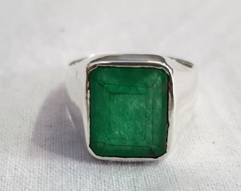 Genuine Emerald Mens Ring, 925 Solid Sterling Silver Mens Natural Green Emerald Heavy Gemstone, Rose Gold Finish, 22K Gold Fill