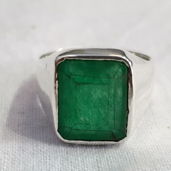 Genuine Emerald Mens Ring, 925 Solid Sterling Silver Mens Natural Green Emerald Heavy Gemstone, Rose Gold Finish, 22K Gold Fill