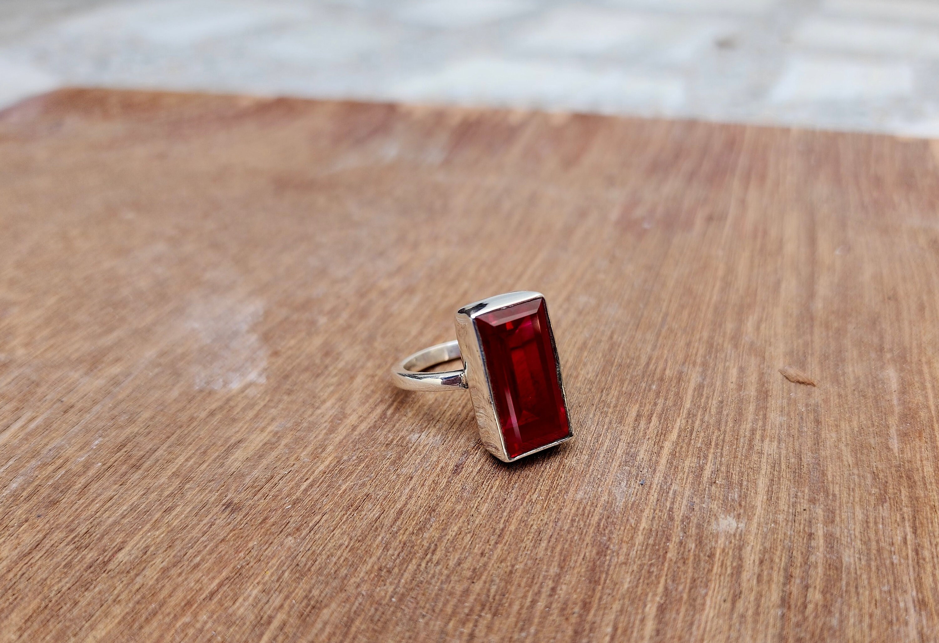 Ruby Ring, Red Rectangle Gemstone Ring, 925 Solid Sterling Silver