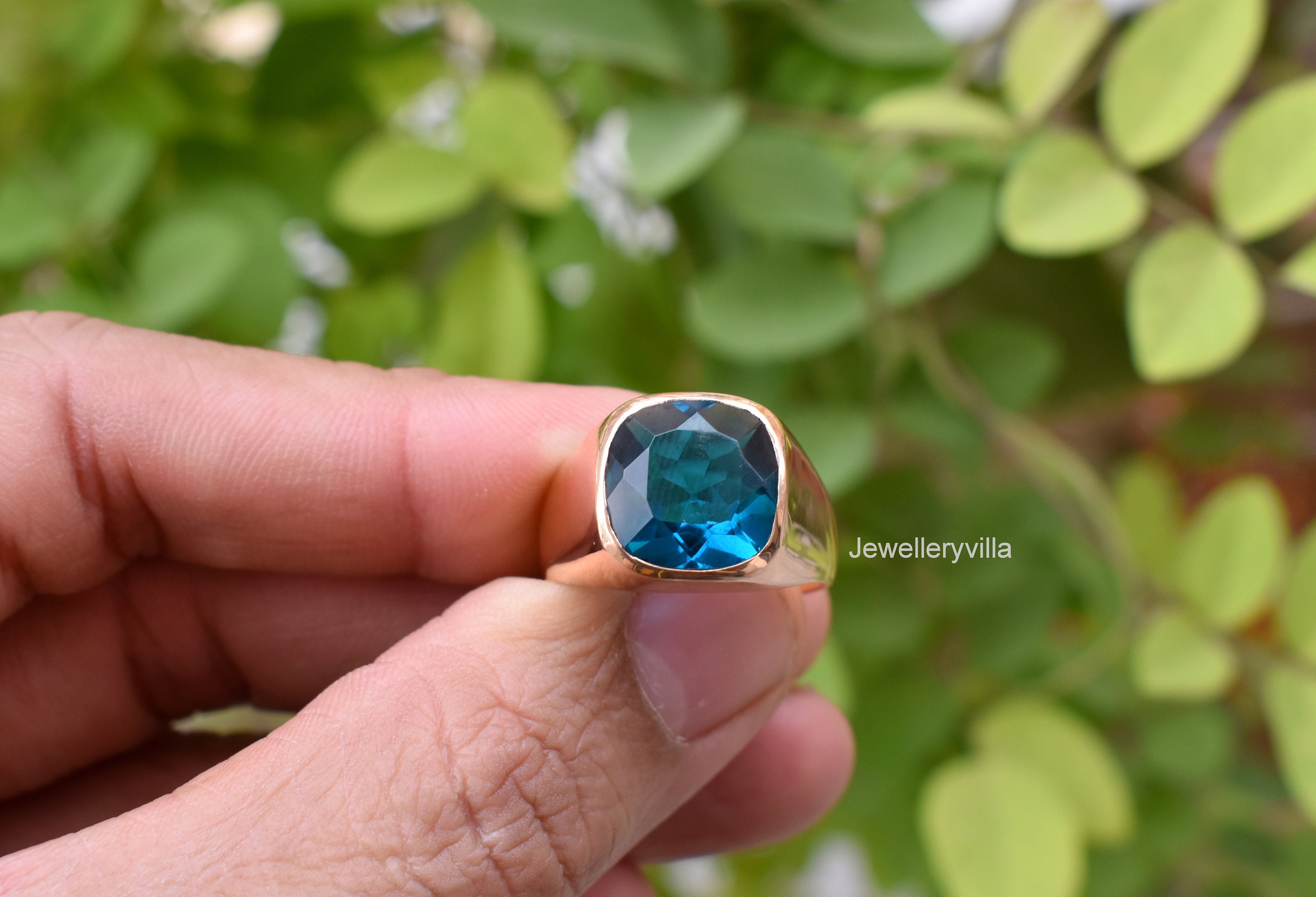 Blue Topaz Ring, Mens Ring, Cushion Cut London Blue Topaz