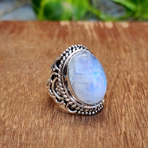 Natural Moonstone Ring, Statement Boho Ring, Gift For Women, 925 Sterling Silver Ring, Moon Stone Ring For Women, Genuine Oval Gemstone Ring image 4