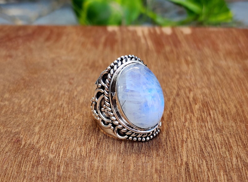 Natural Moonstone Ring, Statement Boho Ring, Gift For Women, 925 Sterling Silver Ring, Moon Stone Ring For Women, Genuine Oval Gemstone Ring image 4