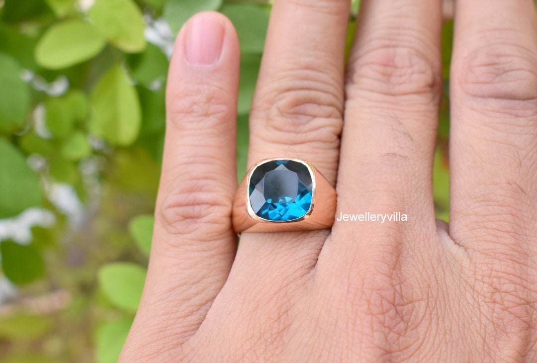 Blue Topaz Ring, Mens Ring, Cushion Cut London Blue Topaz Quartz