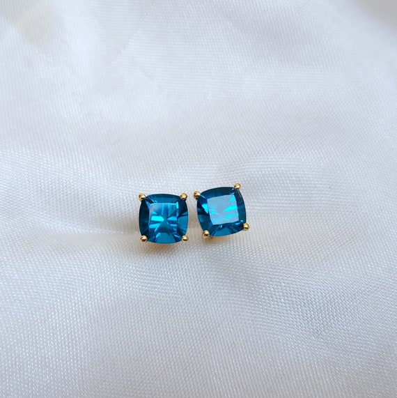 Blue Topaz Stud Earrings, Yellow Gold Earrings, 925 Sterling Silver Stud Earring, Gift For Her, Cushion Blue Gemstone Earrings