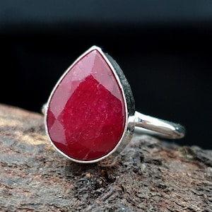 Natural Red Ruby Ring, 925 Solid Silver Ring, Gemstone Ring, Handmade Jewelry Ring, Gift for Her, Red Stone Ring, Pear Shape Ruby Stone