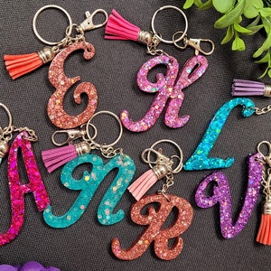 Personalized Initial Glitter Resin Keychain, Fancy Script Initial Keychain