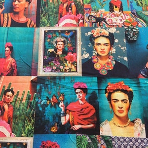 Frida Kahlo Teal Cotton Fabric - Asamani Fabrics