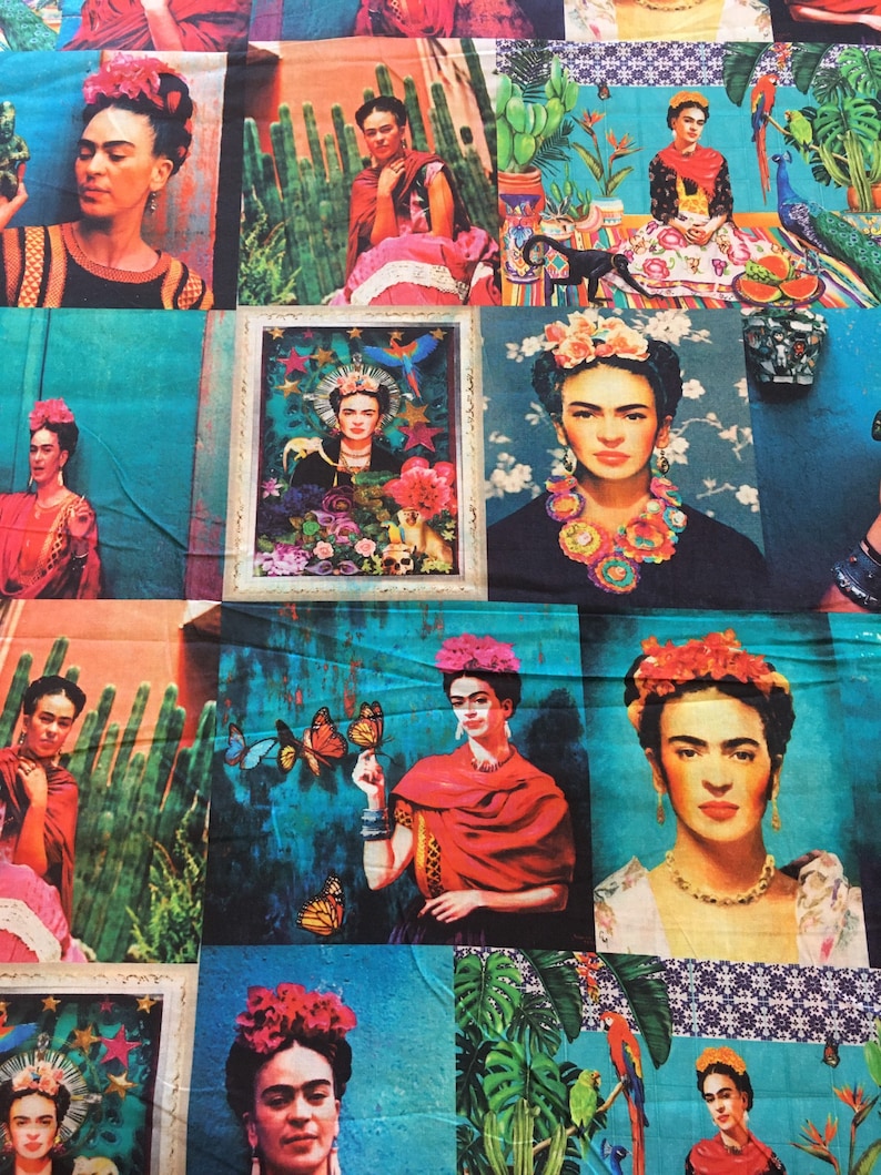 Frida Kahlo Teal Cotton Fabric - Asamani Fabrics