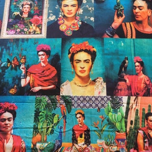 Frida Kahlo Teal Cotton Fabric - Asamani Fabrics