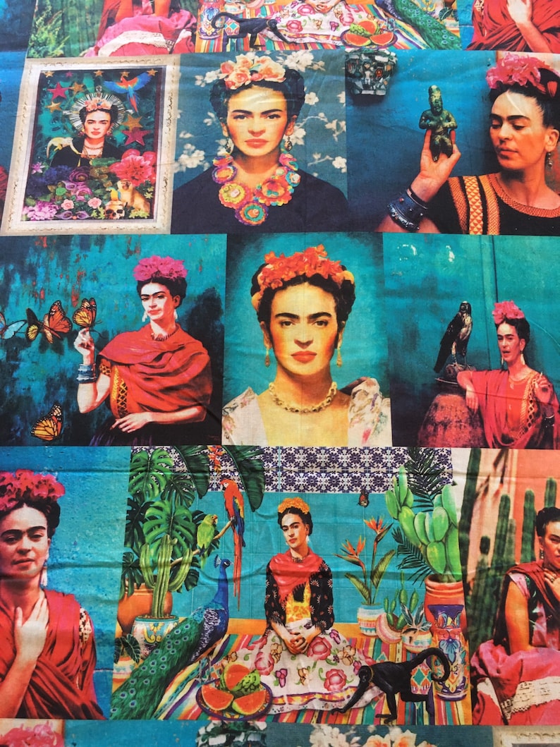 Frida Kahlo Teal Cotton Fabric - Asamani Fabrics