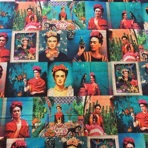 Frida Kahlo Teal Cotton Fabric - Asamani Fabrics