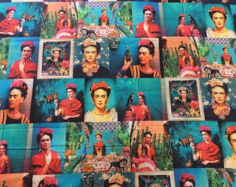 Tissu en coton Frida Kahlo bleu sarcelle