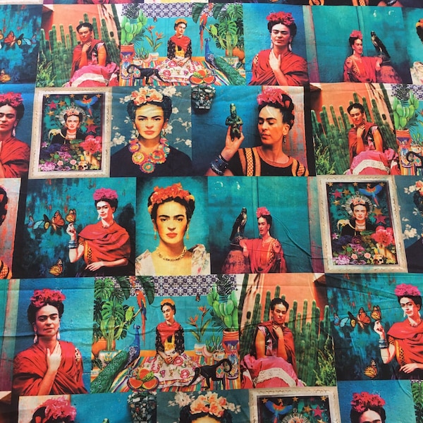 Tissu en coton Frida Kahlo bleu sarcelle